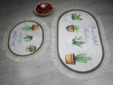 Oval Fringed 2 Piece Bath Mat Set Beautiful Cactus Gray - Thumbnail