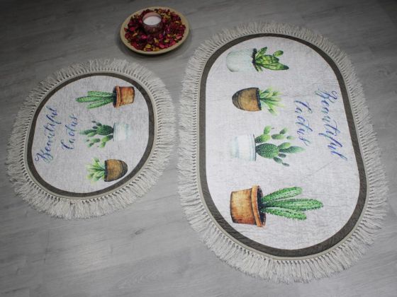 Oval Fringed 2 Piece Bath Mat Set Beautiful Cactus Gray