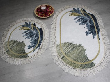 Oval Fringed 2 Piece Bath Mat Set Black Leaf Cream - Thumbnail