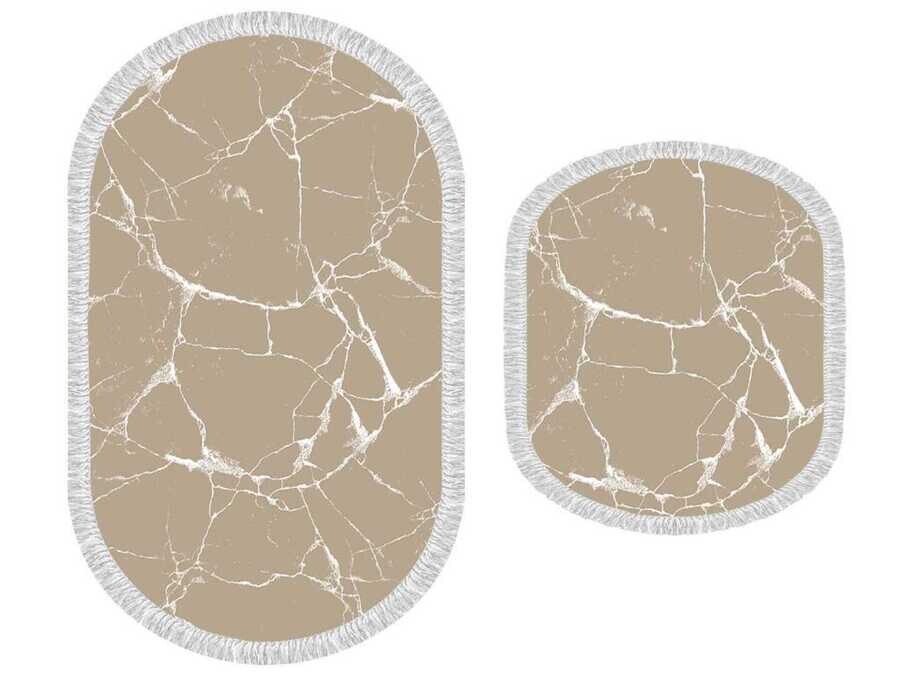 Oval Fringed 2-Piece Bath Mat Set Crack Wall Brown White - Thumbnail