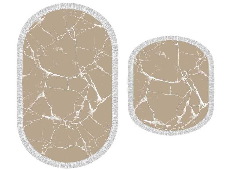 Oval Fringed 2-Piece Bath Mat Set Crack Wall Brown White