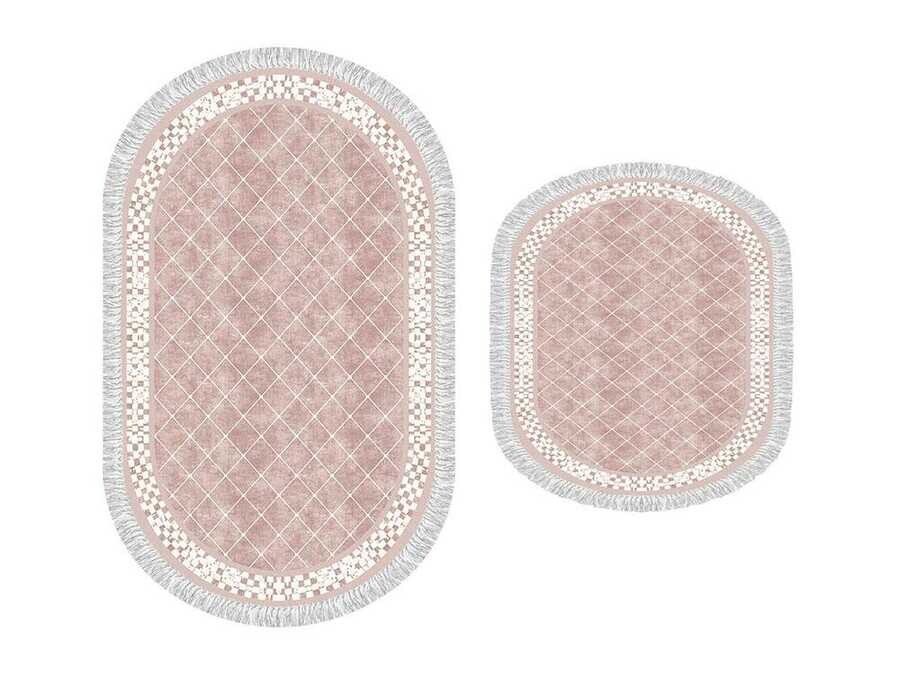 Oval Fringed 2-Piece Bath Mat Set Dama Powder - Thumbnail
