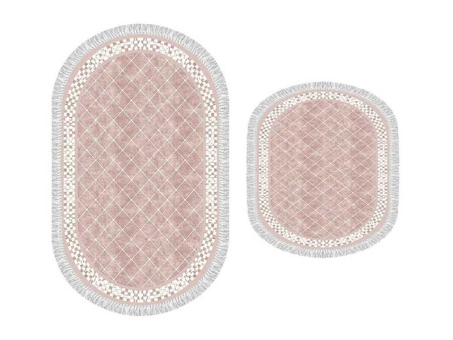 Oval Fringed 2-Piece Bath Mat Set Dama Powder - Thumbnail