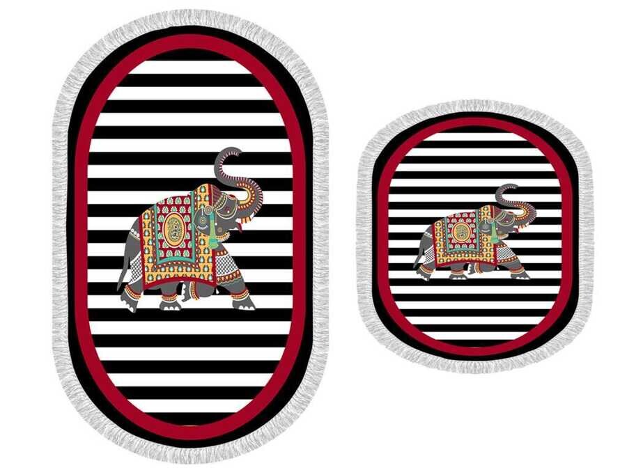 Oval Fringed 2-Piece Bath Mat Set Elephant Red - Thumbnail