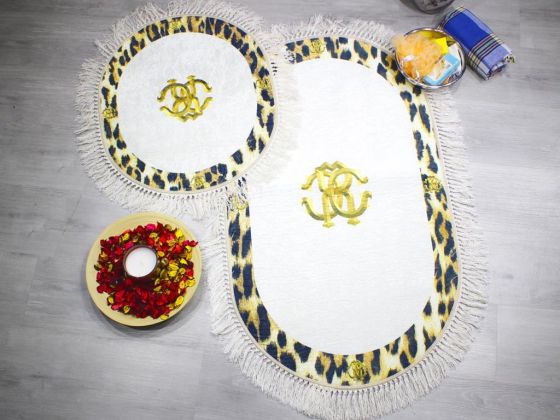 Oval Fringed 2 Piece Bath Mat Set Fizz Leopard