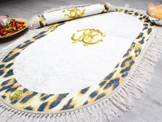 Oval Fringed 2 Piece Bath Mat Set Fizz Leopard