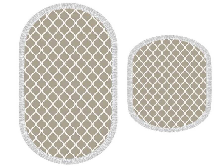 Oval Fringed 2-Piece Bath Mat Set Kupa Cappuccino - Thumbnail