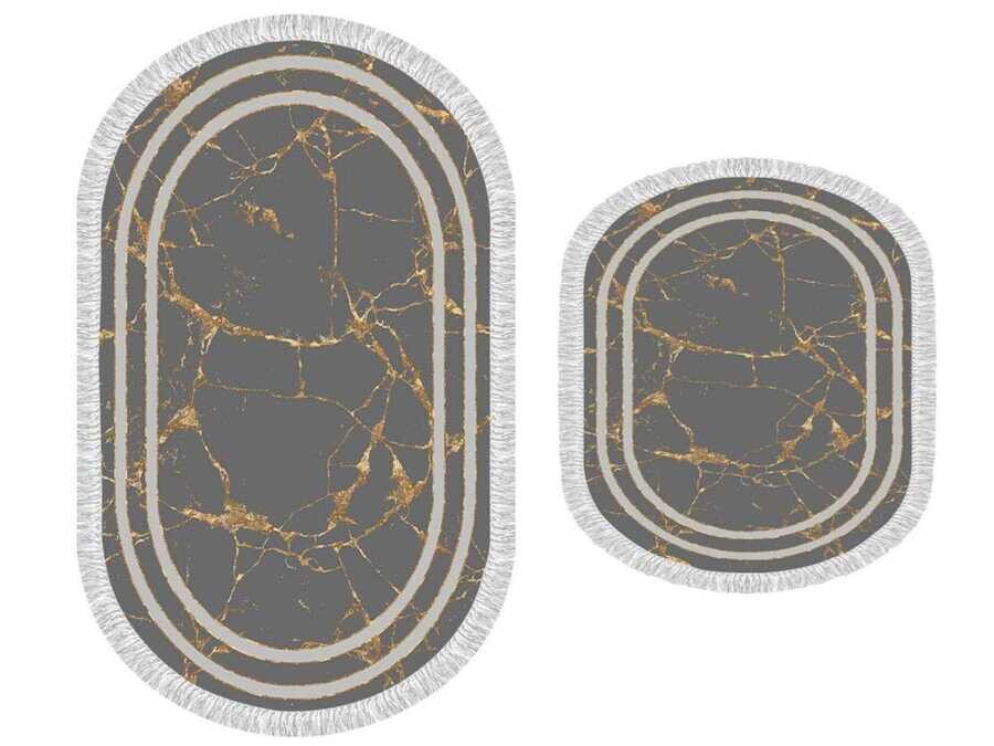 Oval Fringed 2-Piece Bath Mat Set Linear Stone Gray Gold - Thumbnail