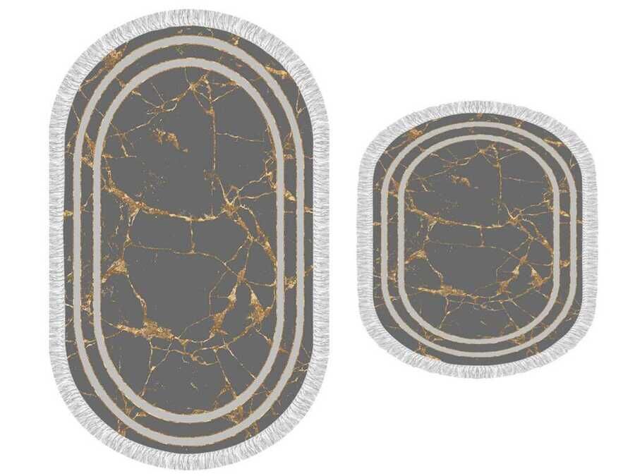 Oval Fringed 2-Piece Bath Mat Set Linear Stone Gray Gold