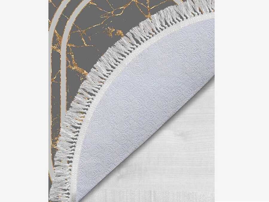 Oval Fringed 2-Piece Bath Mat Set Linear Stone Gray Gold - Thumbnail