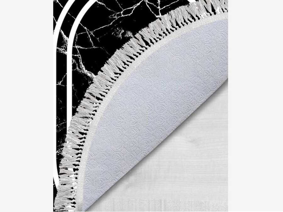 Oval Fringed 2-Piece Bath Mat Set Linear Stone Black White