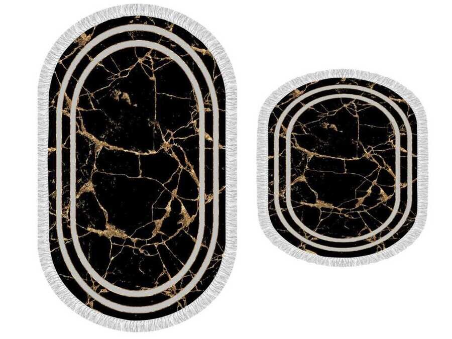 Oval Fringed 2-Piece Bath Mat Set Linear Stone Black Gold - Thumbnail