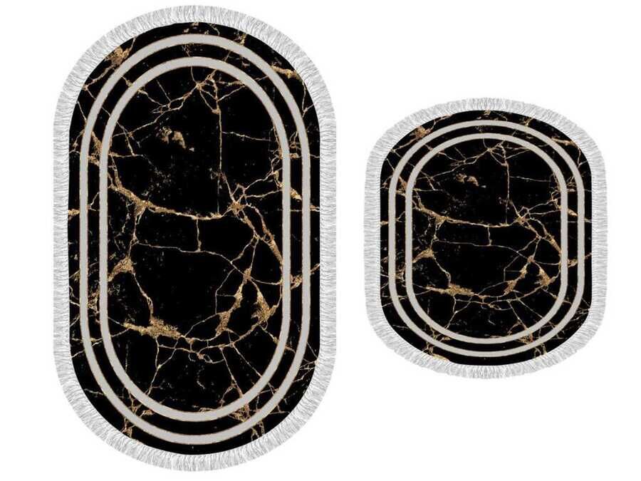 Oval Fringed 2-Piece Bath Mat Set Linear Stone Black Gold