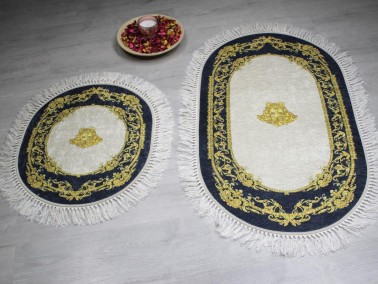 Oval Fringed 2 Piece Bath Mat Set Şehzade Cream - Thumbnail