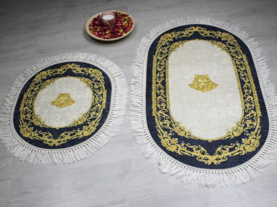 Oval Fringed 2 Piece Bath Mat Set Şehzade Cream