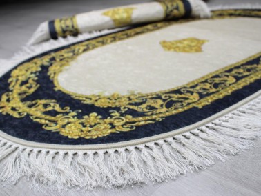 Oval Fringed 2 Piece Bath Mat Set Şehzade Cream - Thumbnail