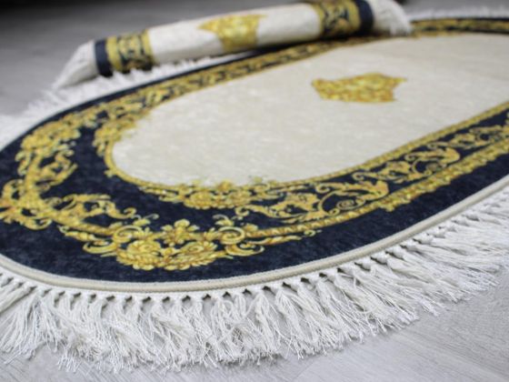 Oval Fringed 2 Piece Bath Mat Set Şehzade Cream