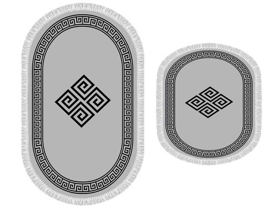 Oval Fringed 2-Piece Bath Mat Set Sign Gray Black - Thumbnail