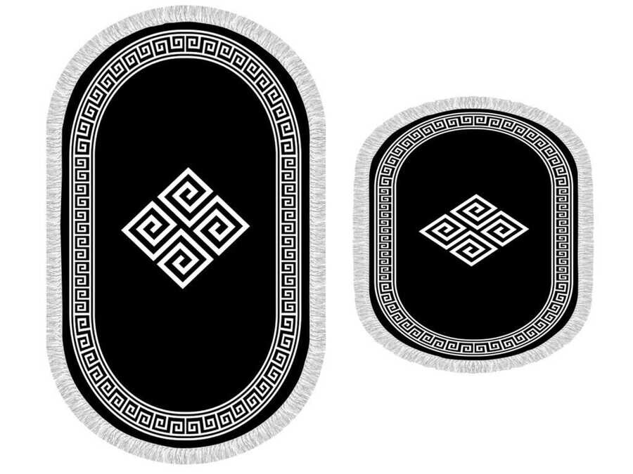 Oval Fringed 2-Piece Bath Mat Set Sign Black White - Thumbnail