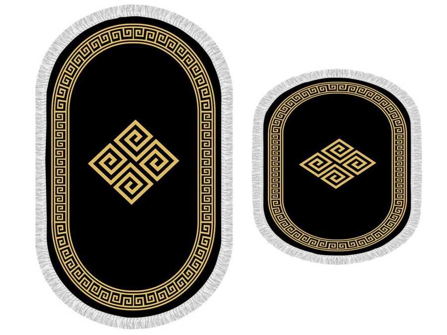 Oval Fringed 2-Piece Bath Mat Set Sign Black Gold - Thumbnail