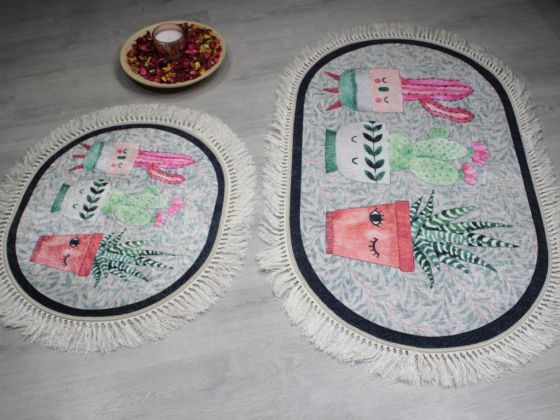 Oval Fringed 2 Piece Bath Mat Set Smile Flowers Gray