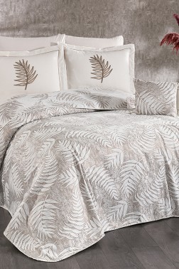 Palm Chenille Bedspread Set 245x255, Bed Sheet 240x260, Cotton, Cream - Beige - Thumbnail