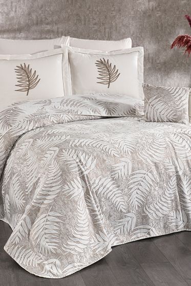 Palm Chenille Bedspread Set 245x255, Bed Sheet 240x260, Cotton, Cream - Beige