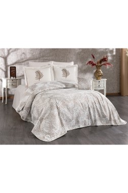 Palm Chenille Bedspread Set 245x255, Bed Sheet 240x260, Cotton, Cream - Beige - Thumbnail