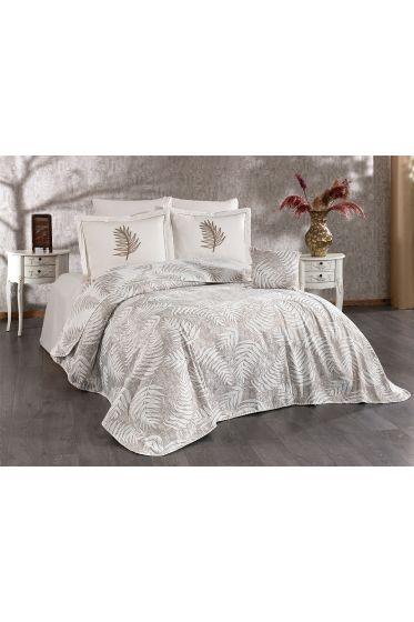 Palm Chenille Bedspread Set 245x255, Bed Sheet 240x260, Cotton, Cream - Beige