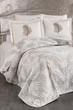 Palm Chenille Bedspread Set 245x255, Bed Sheet 240x260, Cotton, Cream - Beige - Thumbnail