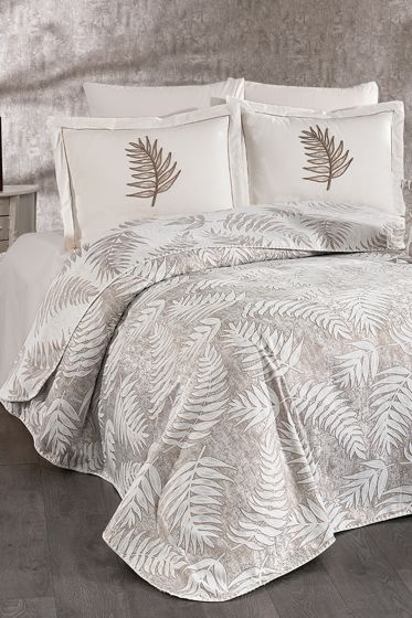 Palm Chenille Bedspread Set 245x255, Bed Sheet 240x260, Cotton, Cream - Beige
