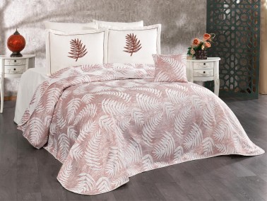 Palm Chenille Bedspread Set 245x255, Bed Sheet 240x260, Cotton, Cream - Burgundy - Thumbnail