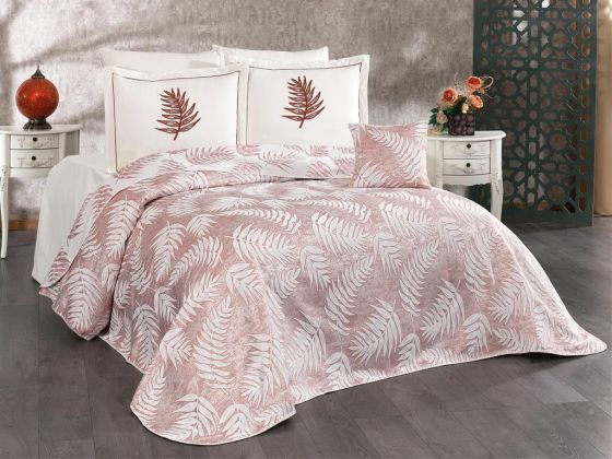 Palm Chenille Bedspread Set 245x255, Bed Sheet 240x260, Cotton, Cream - Burgundy