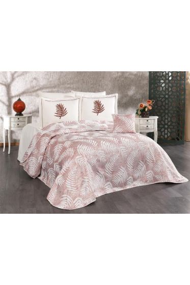 Palm Chenille Bedspread Set 245x255, Bed Sheet 240x260, Cotton, Cream - Burgundy