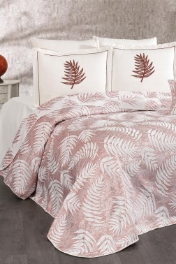 Palm Chenille Bedspread Set 245x255, Bed Sheet 240x260, Cotton, Cream - Burgundy - Thumbnail