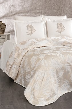 Palm Chenille Bedspread Set 245x255, Bed Sheet 240x260, Cotton, Cream - Gold - Thumbnail