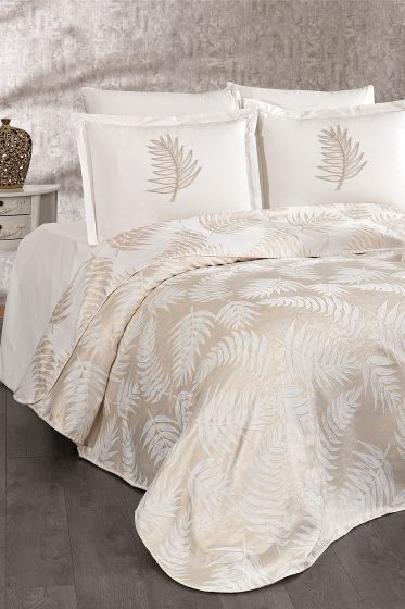 Palm Chenille Bedspread Set 245x255, Bed Sheet 240x260, Cotton, Cream - Gold