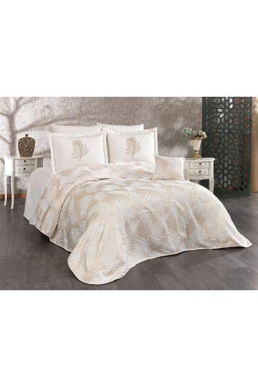 Palm Chenille Bedspread Set 245x255, Bed Sheet 240x260, Cotton, Cream - Gold