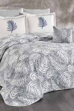 Palm Chenille Bedspread Set 245x255, Bed Sheet 240x260, Cotton, Cream - Gray - Thumbnail