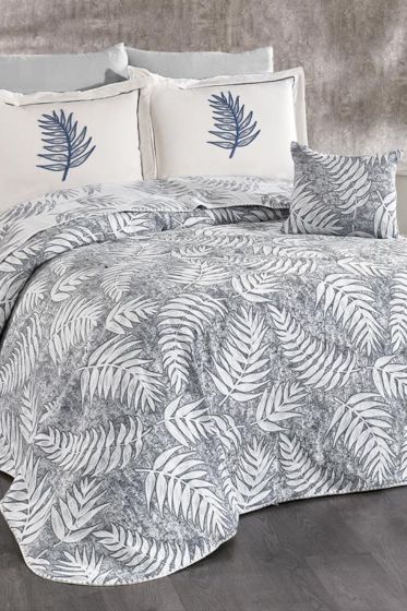 Palm Chenille Bedspread Set 245x255, Bed Sheet 240x260, Cotton, Cream - Gray