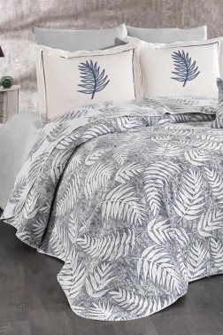 Palm Chenille Bedspread Set 245x255, Bed Sheet 240x260, Cotton, Cream - Gray - Thumbnail