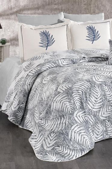 Palm Chenille Bedspread Set 245x255, Bed Sheet 240x260, Cotton, Cream - Gray