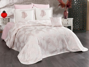 Palm Chenille Bedspread Set 245x255, Bed Sheet 240x260, Cotton, Cream - Pink - Thumbnail