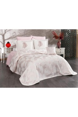 Palm Chenille Bedspread Set 245x255, Bed Sheet 240x260, Cotton, Cream - Pink - Thumbnail