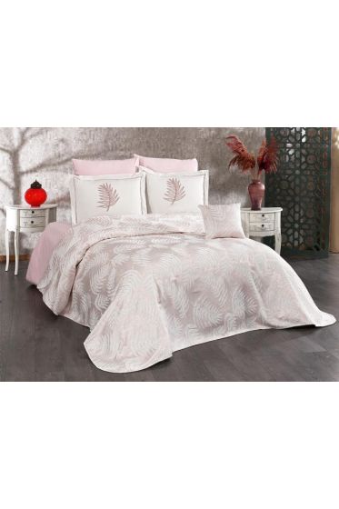 Palm Chenille Bedspread Set 245x255, Bed Sheet 240x260, Cotton, Cream - Pink