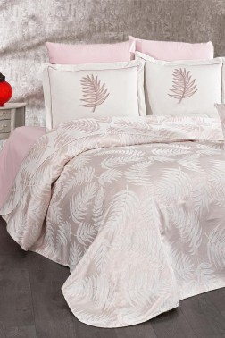 Palm Chenille Bedspread Set 245x255, Bed Sheet 240x260, Cotton, Cream - Pink - Thumbnail