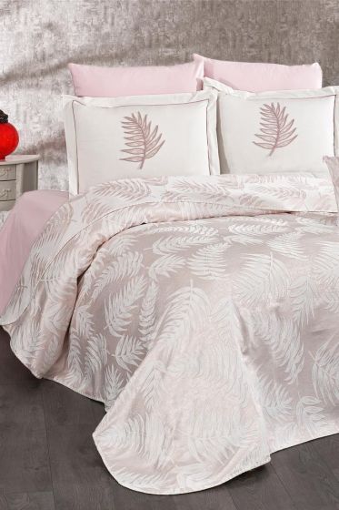 Palm Chenille Bedspread Set 245x255, Bed Sheet 240x260, Cotton, Cream - Pink