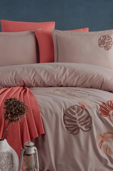 Palmariva Embroidered 100% Cotton Duvet Cover Set, Duvet Cover 200x220, Sheet 240x260, Double Size, Full Size Beige