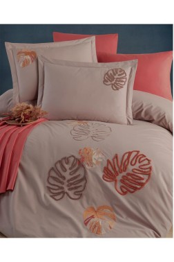 Palmariva Embroidered 100% Cotton Duvet Cover Set, Duvet Cover 200x220, Sheet 240x260, Double Size, Full Size Beige - Thumbnail