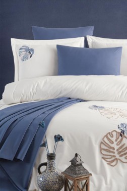 Palmariva Embroidered 100% Cotton Duvet Cover Set, Duvet Cover 200x220, Sheet 240x260, Double Size, Full Size Ecru - Thumbnail